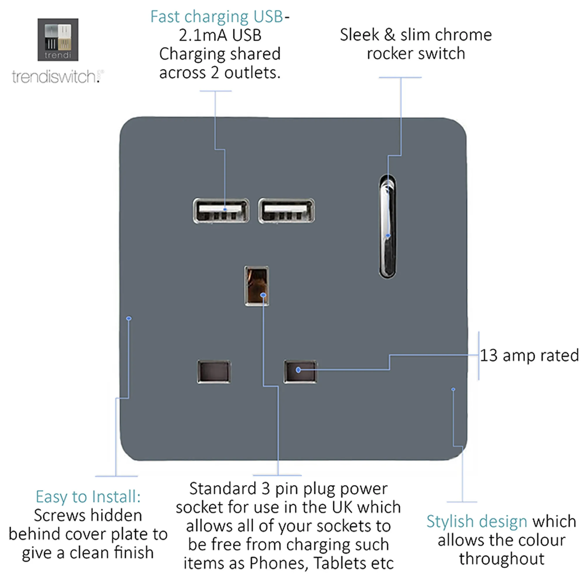 1 Gang 13Amp Switched Single Socket With 2 x USB Warm Grey ART-SKT13USBWG  Trendi Warm Grey